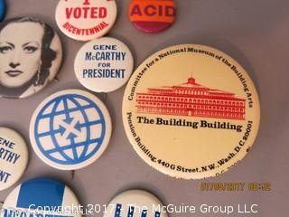 Collection including press badges to the 1968 Democratic Convention as well as political pins 