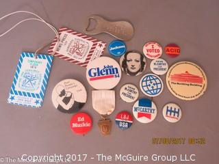 Collection including press badges to the 1968 Democratic Convention as well as political pins 