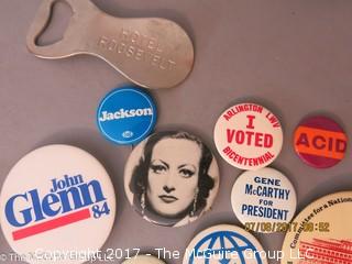 Collection including press badges to the 1968 Democratic Convention as well as political pins 