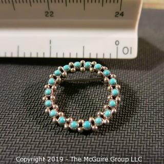 Jewelry: Likely coin or 9.25 Silver (not marked), 1 in. circle pin/pendant, with 18 turquoise beads, crimped bezel setting.