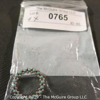 Jewelry: Likely coin or 9.25 Silver (not marked), 1 in. circle pin/pendant, with 18 turquoise beads, crimped bezel setting.