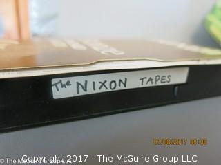 Collection including VHS "The Nixon Tapes", UPI Radio News Style Book and Queen Elizabeth vintage tin box souvenir of the opening of the St. Lawrence Seaway in 1959 