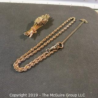 Jewelry: 12K Gold Filled Wheat Shock Broach and Chain