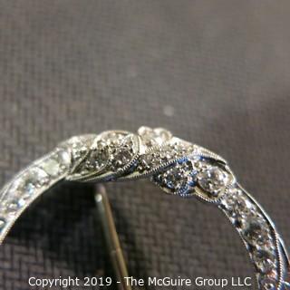 Jewelry: Vintage Filigree Iridium/Platinum circle brooch, 33 mine cut, clean white diamonds, 1.50 ctw points, 5.5 grams total weight. (TMG 762)