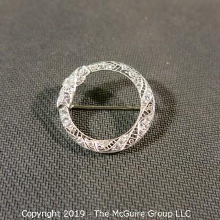 Jewelry: Vintage Filigree Iridium/Platinum circle brooch, 33 mine cut, clean white diamonds, 1.50 ctw points, 5.5 grams total weight. (TMG 762)