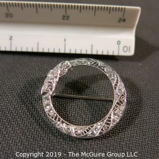 Jewelry: Vintage Filigree Iridium/Platinum circle brooch, 33 mine cut, clean white diamonds, 1.50 ctw points, 5.5 grams total weight. (TMG 762)