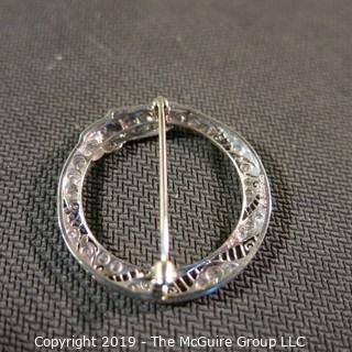 Jewelry: Vintage Filigree Iridium/Platinum circle brooch, 33 mine cut, clean white diamonds, 1.50 ctw points, 5.5 grams total weight. (TMG 762)