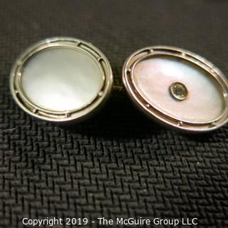 Jewelry: Men’s 14K Yellow gold, 18x13mm oval mother of pearl with 3 point diamond studded cufflinks and matching studs for 3 button holes; total weight 11.3 grams. (TMG 0755)