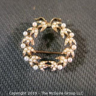 Jewelry:  Vintage 14K seed pearl Circle/Wreath pin/pendant.  (incomplete); 3.9 grams total weight; (TMG 771)