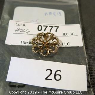 Jewelry:  Vintage floral motif, 14K. Seed pearl,  3 point center diamond brooch, 24 mm diameter; 2.9 grams (TMG 777)