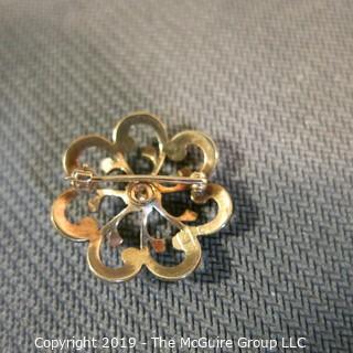 Jewelry:  Vintage floral motif, 14K. Seed pearl,  3 point center diamond brooch, 24 mm diameter; 2.9 grams (TMG 777)