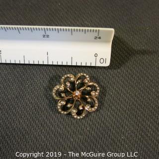 Jewelry:  Vintage floral motif, 14K. Seed pearl,  3 point center diamond brooch, 24 mm diameter; 2.9 grams (TMG 777)