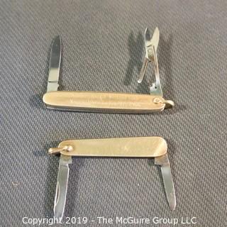 Jewelry: Two vintage, small pen knives.  A&Z, 12K gold filled,  2.5"; Latama blade and scissors, engraved with name and NRECA membership dates; and USA Vintage 2 blades, 2" gold filled pocket knife.