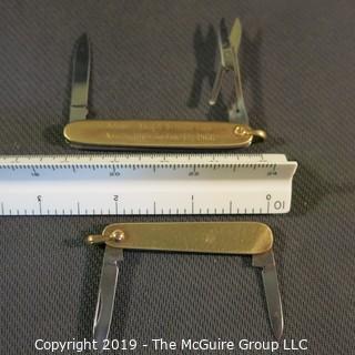 Jewelry: Two vintage, small pen knives.  A&Z, 12K gold filled,  2.5"; Latama blade and scissors, engraved with name and NRECA membership dates; and USA Vintage 2 blades, 2" gold filled pocket knife.