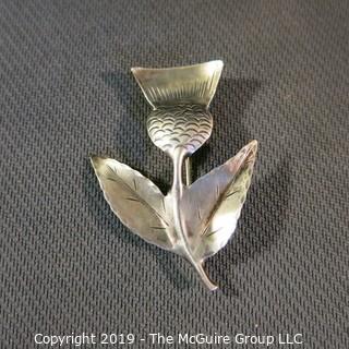 Jewelry:  2.25 x 1.75 Sterling etched Thistle brooch, primitive style.  Good condition.