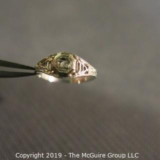 Jewelry: Early 19th C. filigree 18K White gold tiny child’s ring, with 1 point old cut diamond in original box; 0.6 gram; (TMG 0772)