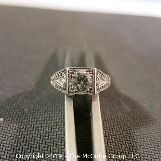 Jewelry: Early 19th C. filigree Platinum (hallmark very worn) Solitaire (approx. 90 points).  Ring shows moderate wear, approx. size 5.5 - 6; 3.8 grams (TMG 735)