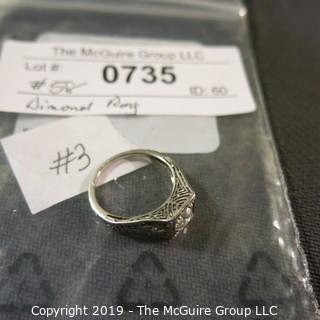 Jewelry: Early 19th C. filigree Platinum (hallmark very worn) Solitaire (approx. 90 points).  Ring shows moderate wear, approx. size 5.5 - 6; 3.8 grams (TMG 735)