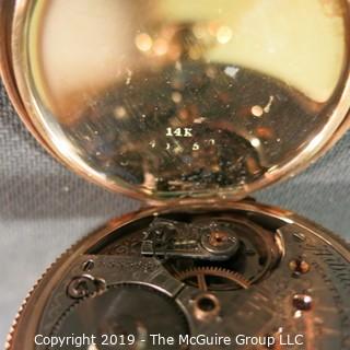 Jewelry: Size 16s (50 mm) Riverside Pocket Watch - Solid 14K Yellow gold, 17 Jewel, no crystal,  late 19th C, movement serial # - 6555280, case# 40250; 101 grams total weight (TMG 760)