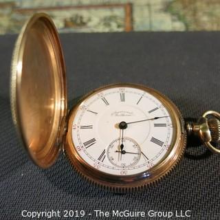 Jewelry: Size 16s (50 mm) Riverside Pocket Watch - Solid 14K Yellow gold, 17 Jewel, no crystal,  late 19th C, movement serial # - 6555280, case# 40250; 101 grams total weight (TMG 760)