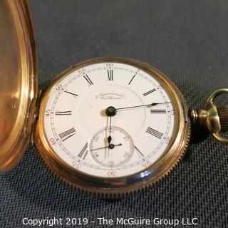 Jewelry: Size 16s (50 mm) Riverside Pocket Watch - Solid 14K Yellow gold, 17 Jewel, no crystal,  late 19th C, movement serial # - 6555280, case# 40250; 101 grams total weight (TMG 760)