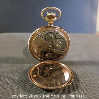 Jewelry: Size 16s (50 mm) Riverside Pocket Watch - Solid 14K Yellow gold, 17 Jewel, no crystal,  late 19th C, movement serial # - 6555280, case# 40250; 101 grams total weight (TMG 760)