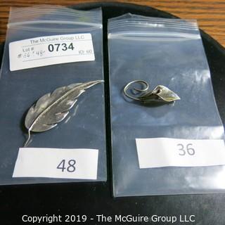 Jewelry: Vintage 1.5 in. sterling Stewart Nye Calla Lily pin - Vintage Silver (? no mark) leaf pin; measuring 3"W