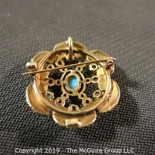 Jewelry:European style, 14K brooch/pendant, 1 X 1¼ in. 6 petal floral motif with opal accents and black enamel outline; 9.9 grams total weight; TMG 787)