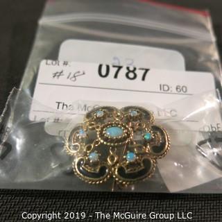 Jewelry:European style, 14K brooch/pendant, 1 X 1¼ in. 6 petal floral motif with opal accents and black enamel outline; 9.9 grams total weight; TMG 787)