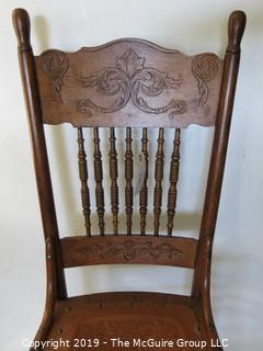 Furniture: Vintage: Antique: Nicely Tooled Leather Seat on Spindle Turned Chair with Pressed Panels