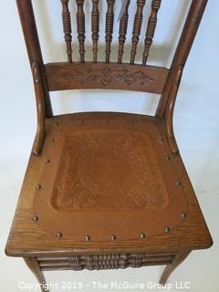 Furniture: Vintage: Antique: Nicely Tooled Leather Seat on Spindle Turned Chair with Pressed Panels