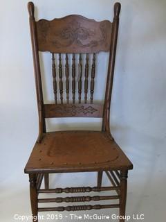 Furniture: Vintage: Antique: Nicely Tooled Leather Seat on Spindle Turned Chair with Pressed Panels