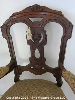 Furniture: Vintage: Antique: East Lake Carved Camel Back Brochade Upholstered Chair