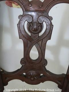 Furniture: Vintage: Antique: East Lake Carved Camel Back Brochade Upholstered Chair