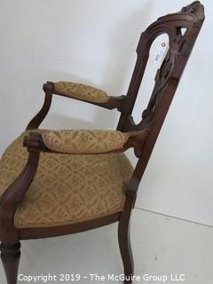 Furniture: Vintage: Antique: East Lake Carved Camel Back Brochade Upholstered Chair