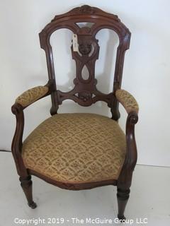 Furniture: Vintage: Antique: East Lake Carved Camel Back Brochade Upholstered Chair