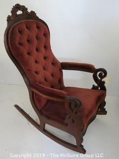 Furniture: Vintage: Antique: East Lake Carved Camel Back Upholstered Rocking Chair Tufted Red Velvet.