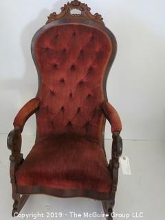 Furniture: Vintage: Antique: East Lake Carved Camel Back Upholstered Rocking Chair Tufted Red Velvet.