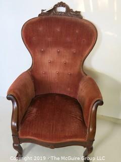 Furniture: Vintage: Antique: East Lake Carved Camel Back Upholstered Chair Tufted Red Velvet.