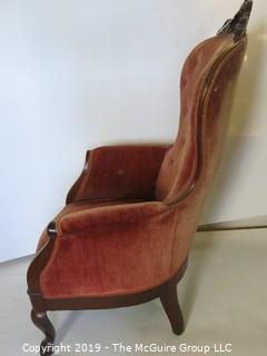 Furniture: Vintage: Antique: East Lake Carved Camel Back Upholstered Chair Tufted Red Velvet.