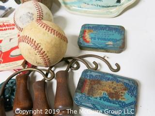 Eclectic Assortment including wooden kettle handles, baseballs, ink stamps, tobacco tins and "Stuffed Prunes" Wooden Box