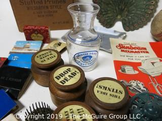 Eclectic Assortment including wooden kettle handles, baseballs, ink stamps, tobacco tins and "Stuffed Prunes" Wooden Box