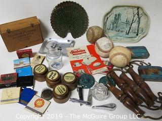 Eclectic Assortment including wooden kettle handles, baseballs, ink stamps, tobacco tins and "Stuffed Prunes" Wooden Box