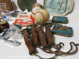 Eclectic Assortment including wooden kettle handles, baseballs, ink stamps, tobacco tins and "Stuffed Prunes" Wooden Box