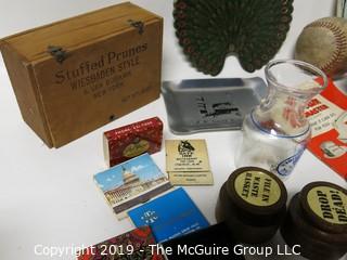 Eclectic Assortment including wooden kettle handles, baseballs, ink stamps, tobacco tins and "Stuffed Prunes" Wooden Box