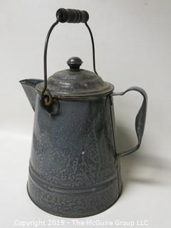 Collectible: Antique: Graniteware handled Coffee Pot with cover