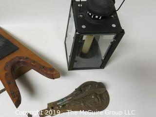 Collectible: Antique: Collection including pistol form brass doorknocker, glass enclosed candle lantern and vintage boot jack 