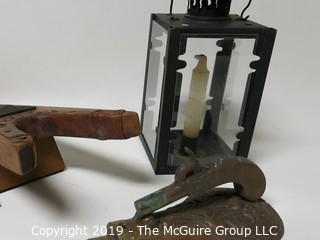 Collectible: Antique: Collection including pistol form brass doorknocker, glass enclosed candle lantern and vintage boot jack 