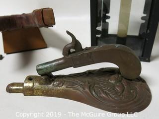 Collectible: Antique: Collection including pistol form brass doorknocker, glass enclosed candle lantern and vintage boot jack 