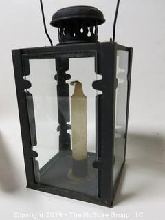 Collectible: Antique: Collection including pistol form brass doorknocker, glass enclosed candle lantern and vintage boot jack 